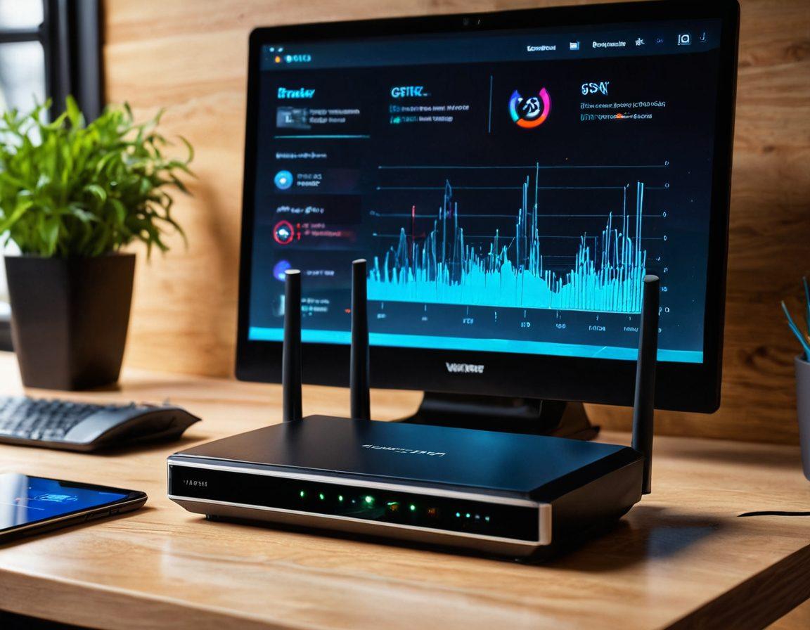 A sleek, modern router sitting on a stylish desk, with a glowing screen displaying DD-WRT firmware settings, surrounded by digital graphs and Wi-Fi signal waves radiating outward, representing optimized connectivity. Include a hand adjusting the router's settings, blending technology with user interaction. super-realistic. vibrant colors. tech-inspired background.