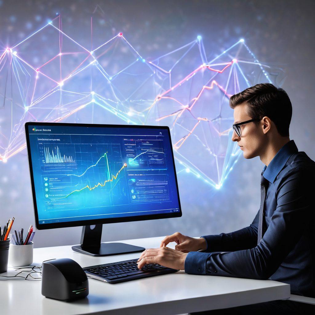 A sleek, modern home office setting featuring a high-tech router with vibrant LED lights, an overlay of digital network graphs, and a person confidently adjusting firmware settings on a laptop. The background includes elements of smart home devices interconnected with glowing lines representing data flow. super-realistic. vibrant colors. white background.