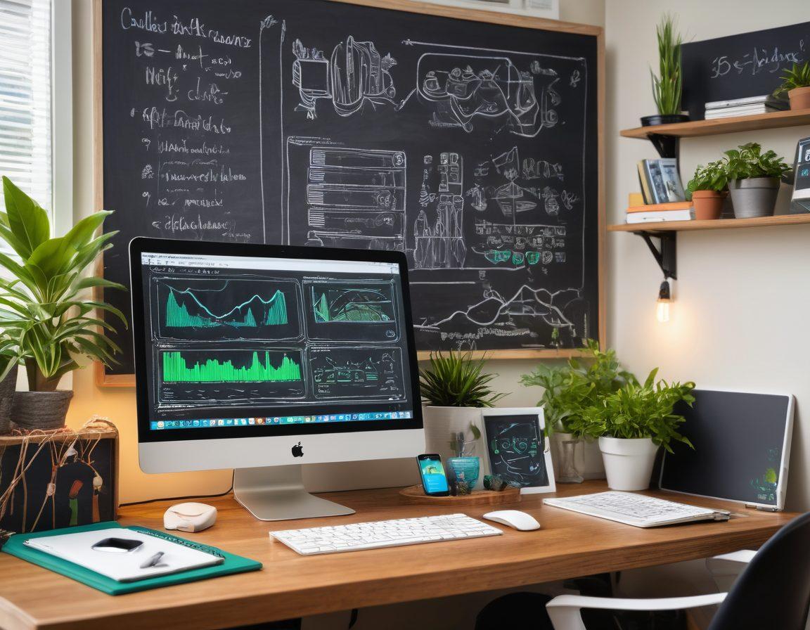A cozy home office setup with multiple devices connected to a router, showcasing Wi-Fi signal strength bars rising above the devices. In the background, a chalkboard filled with network optimization strategies and doodles. Include a person happily working on a laptop, surrounded by tech gadgets and a green plant for a fresh vibe. super-realistic. vibrant colors. cozy atmosphere.